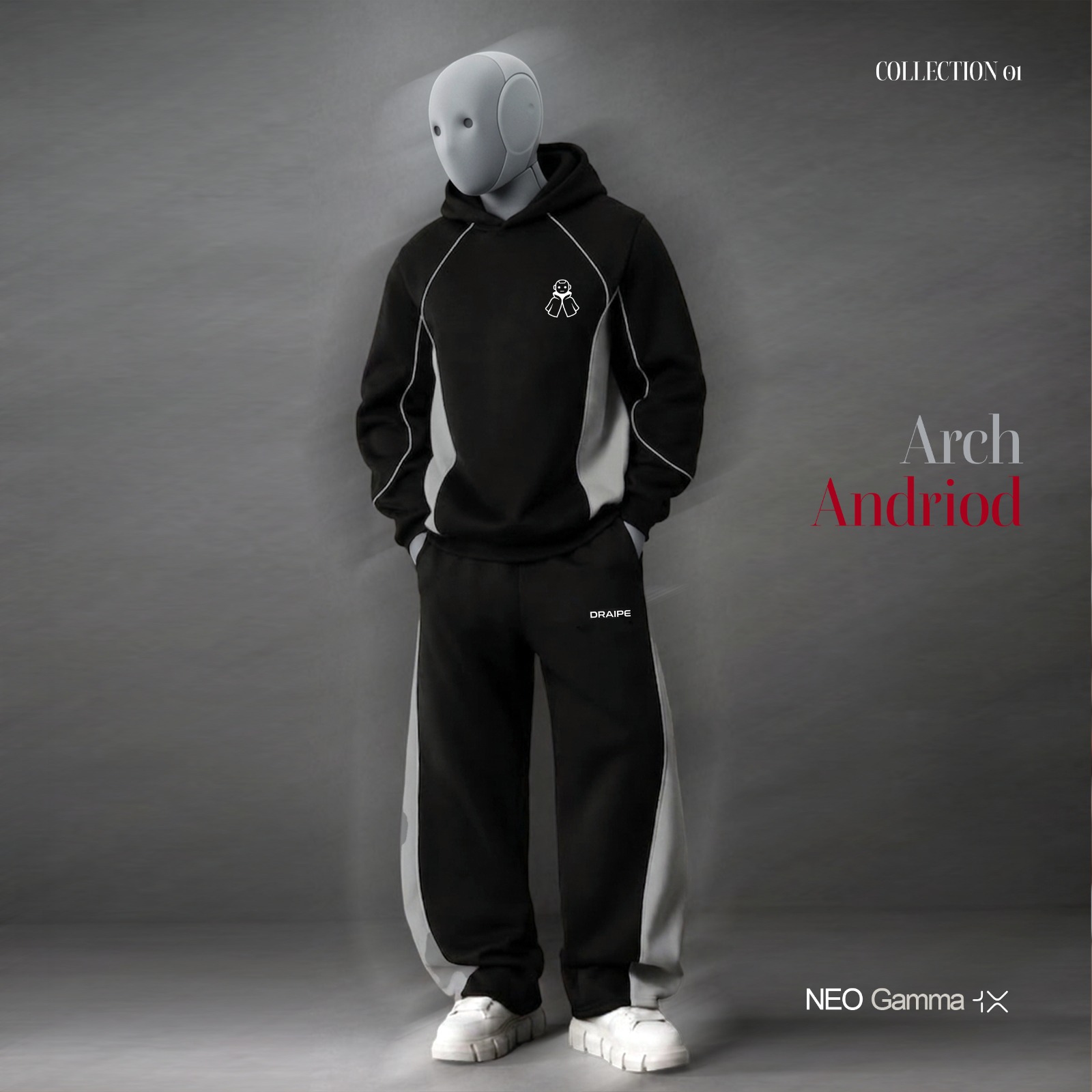 Campaign image: 1X NEO in the Arch Andriod hooded sweat and wide track pant, black with grey panels.