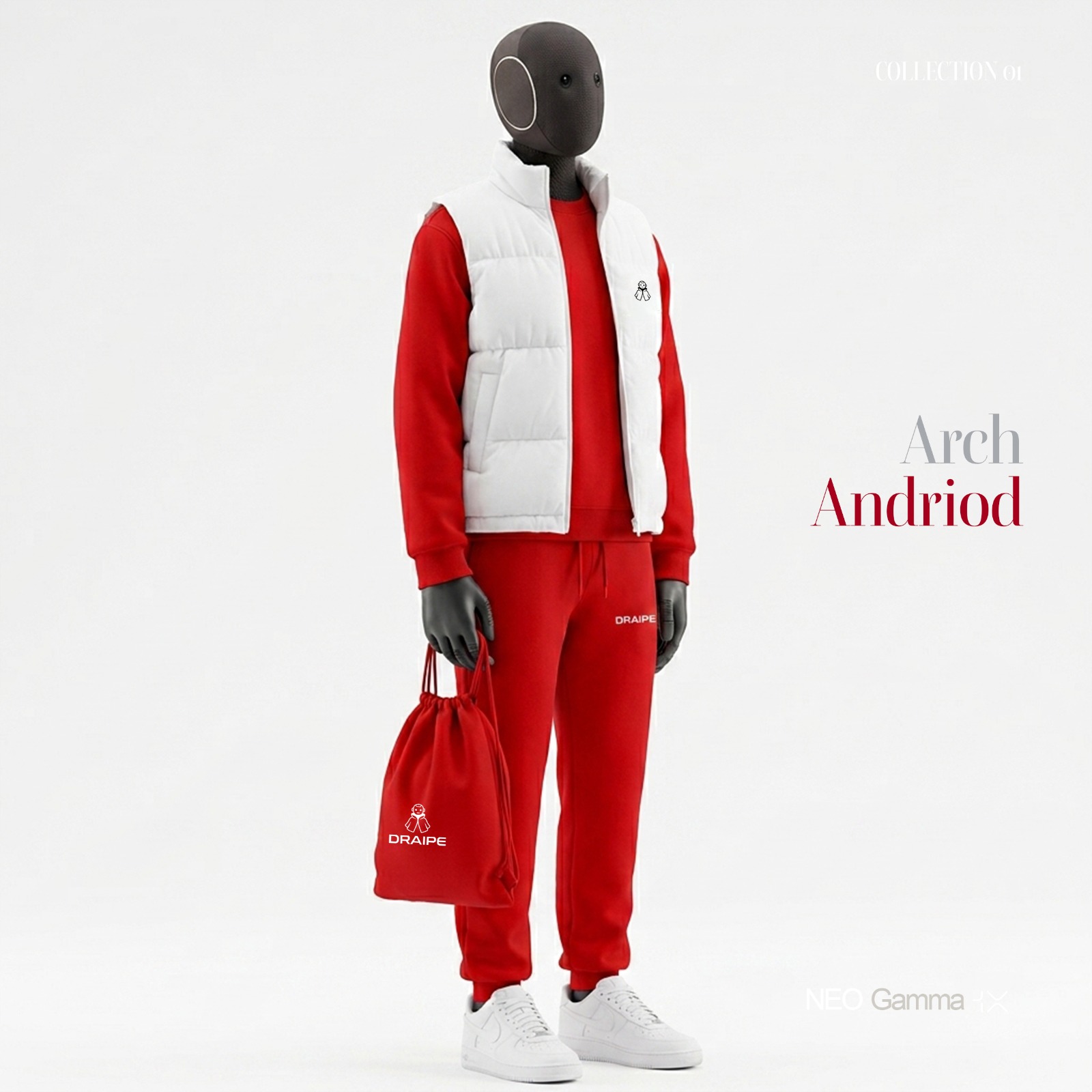 Campaign plate: 1X NEO in a crimson Arch Andriod tracksuit and white padded gilet, holding a crimson drawstring bag.