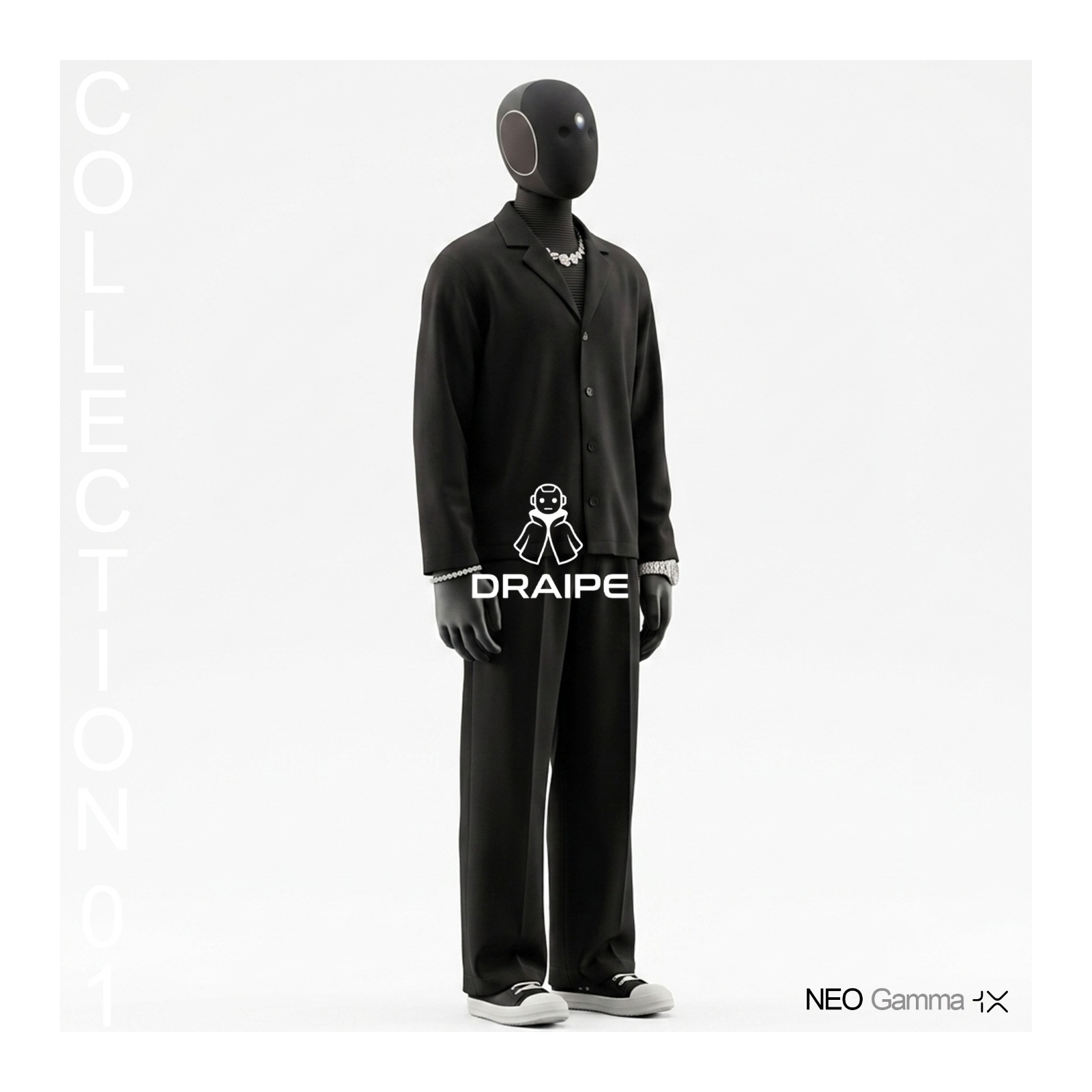 Campaign plate: full-length 1X NEO in the black System Shell cardigan, wide trousers and low sneakers, under the Draipe lockup.