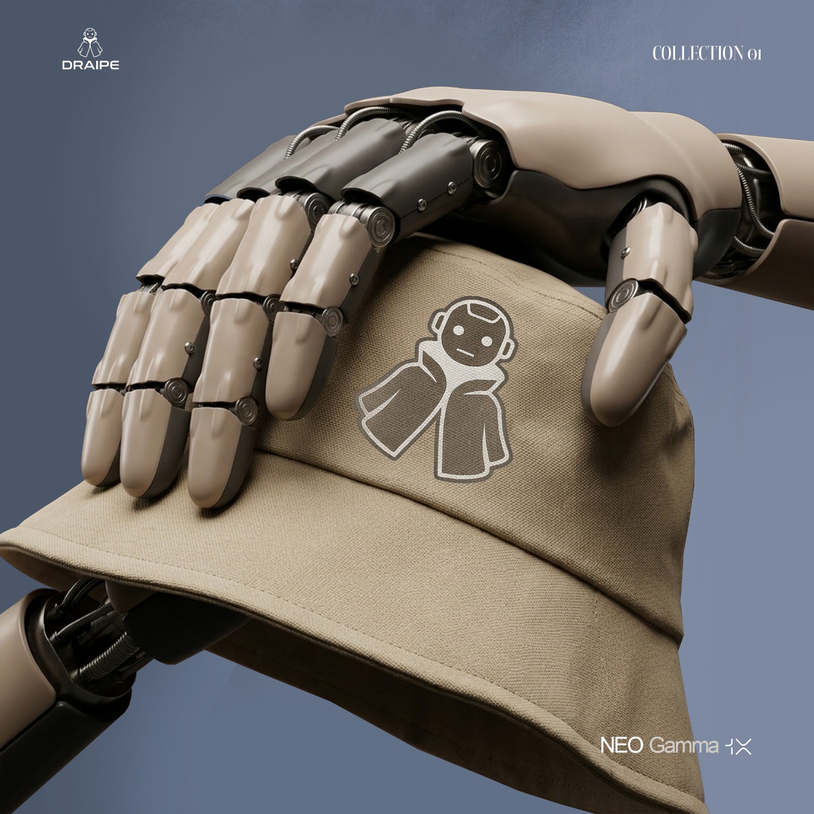 The same bucket hat study lit against slate — a robotic hand resting on the embroidered house mark.