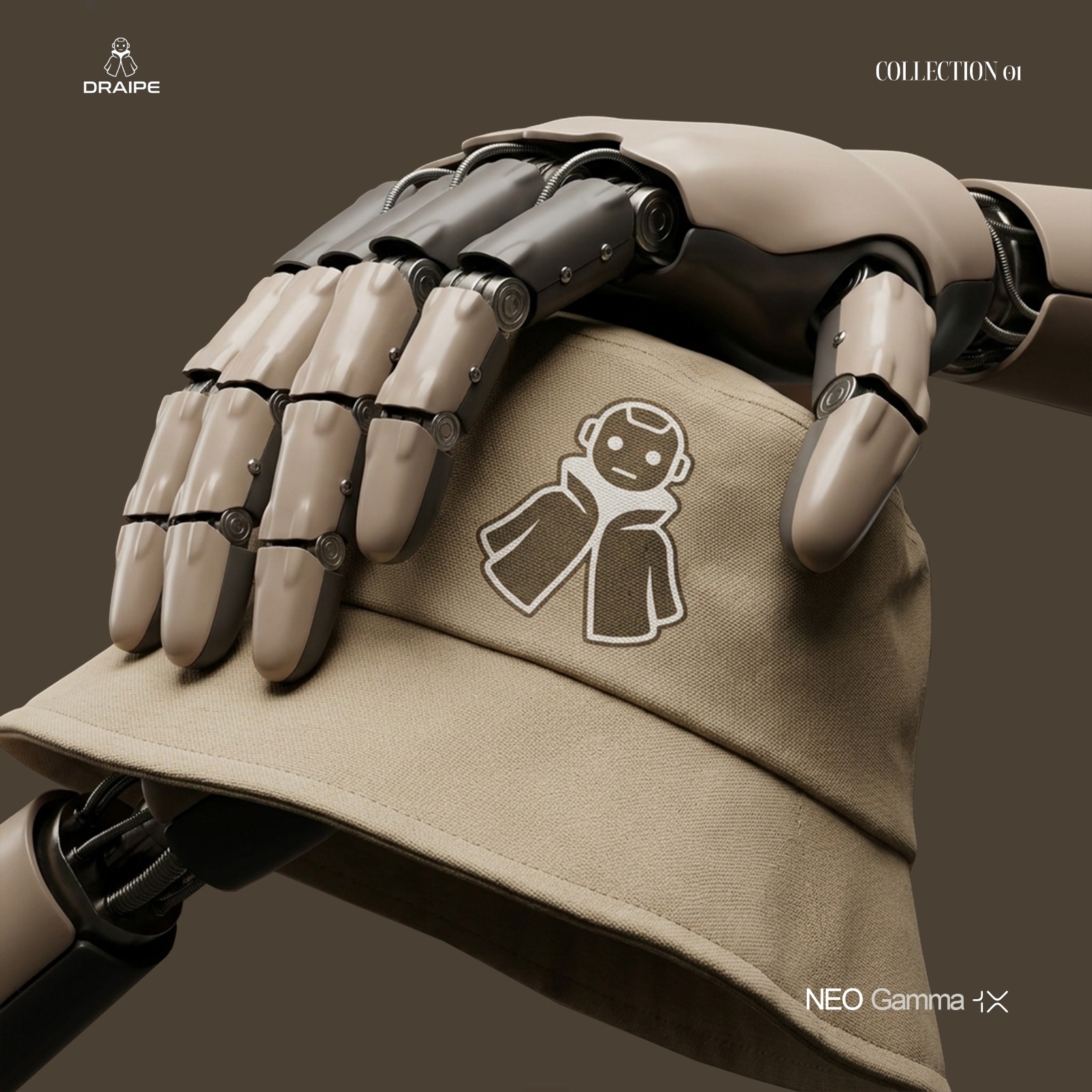 Detail: a robotic hand resting on a sand canvas bucket hat embroidered with the Draipe mark.