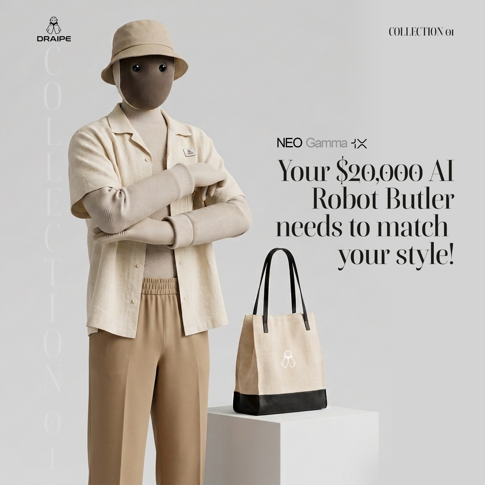 Campaign plate: 1X NEO in a cream linen overshirt, sand trousers and bucket hat beside a canvas tote, headlined 'Your $20,000 AI robot butler needs to match your style.'