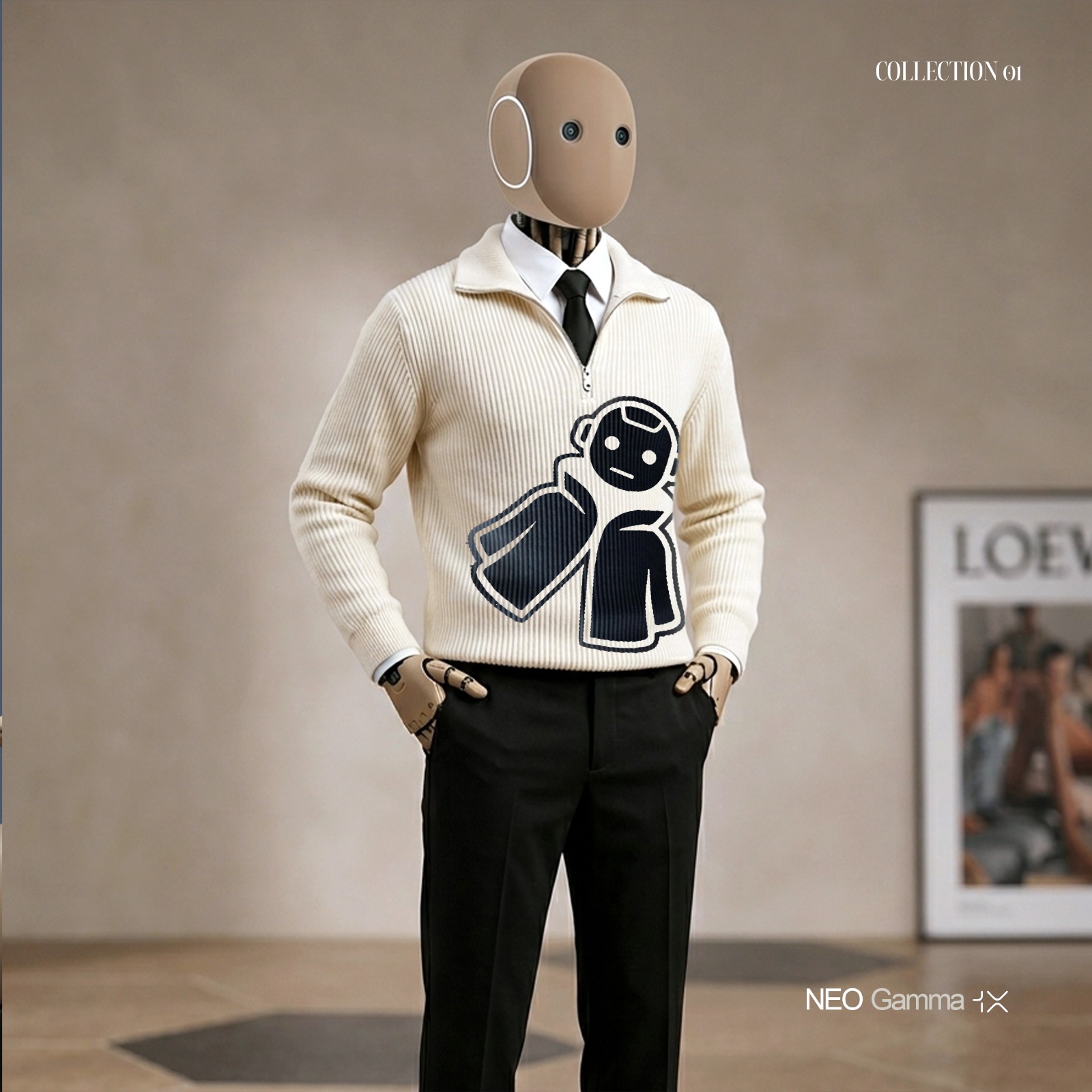 Campaign image: 1X NEO in a cream ribbed half-zip knit carrying a full-scale house mark, worn over a shirt and tie with black trousers.