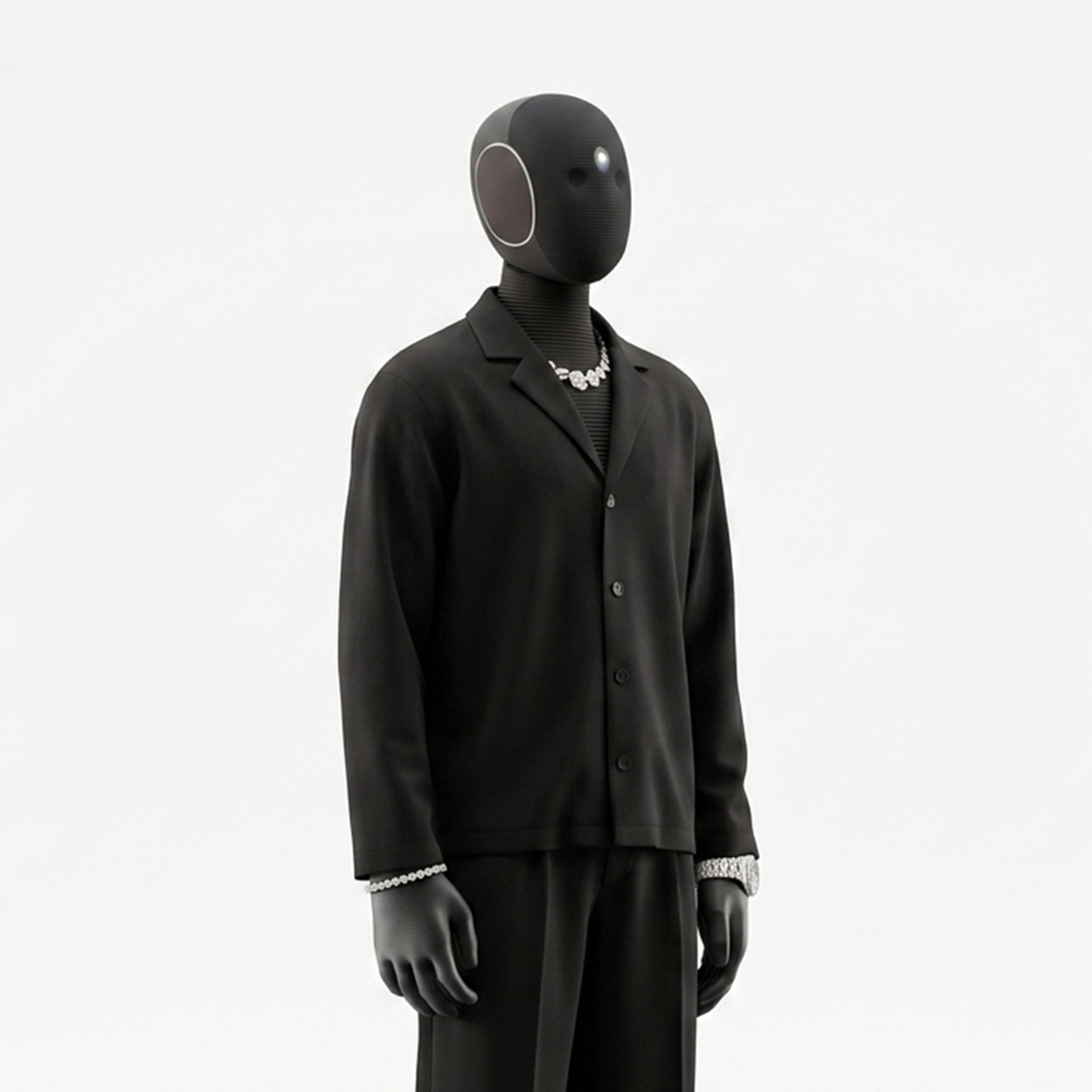 A 1X NEO humanoid platform wearing the Draipe System Shell — a relaxed black long-sleeved jacket over flex pants.