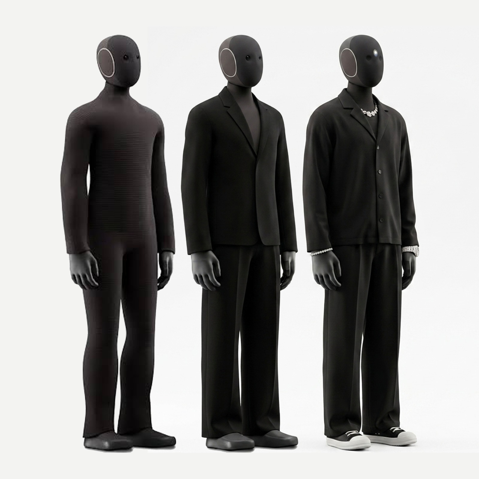 Three 1X NEO platforms in sequence: the base knit underlayer, the tailored shell jacket, and the full System Shell with cardigan and wide flex pant.